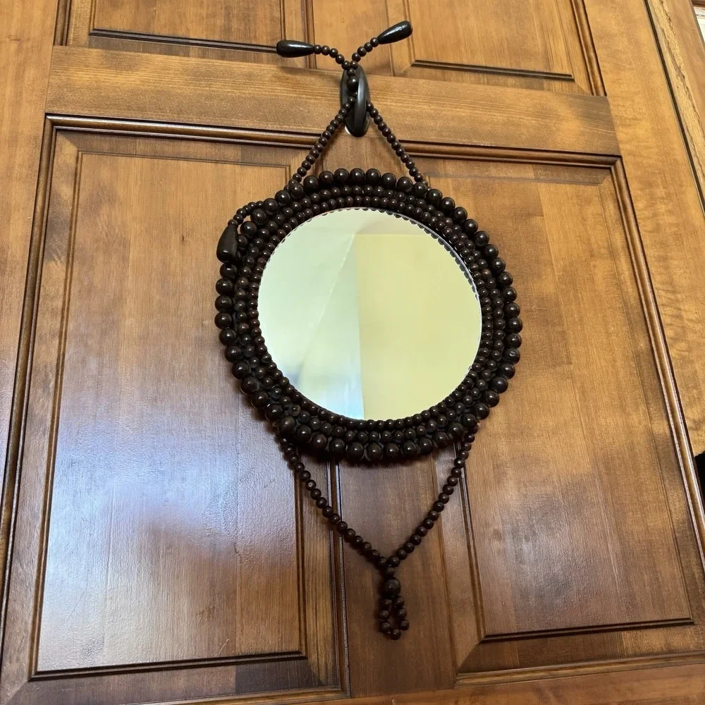 Vintage Hanging Wooden Beaded Round Mirror 1970s Boho Chic Eclectic Accent Wall